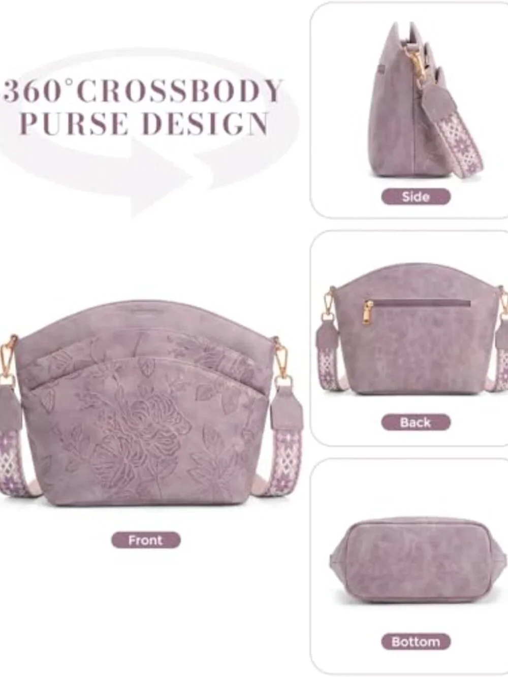 Embossed Vegan Leather Crossbody Bag with Boho Strap Travel Handbag